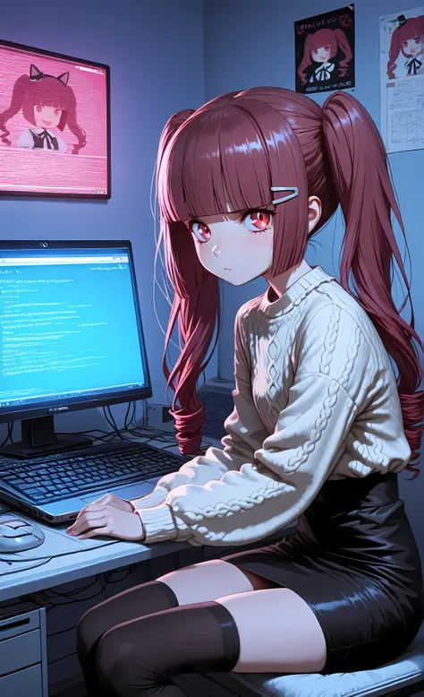 masterpiece, 8k, Highest Quality, detail, high resolution, Digital Painting, ultra detailed, (detailed eyes:1.2), (sharp eyes:1.1), anime illustration, Hanazono Yurine, digital archaeology student with long midnight red hair styled in half-up space twintai...