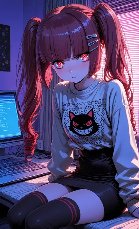 masterpiece, 8k, Highest Quality, detail, high resolution, Digital Painting, ultra detailed, (detailed eyes:1.2), (sharp eyes:1.1), anime illustration, Hanazono Yurine, digital archaeology student with long midnight red hair styled in half-up space twintai...