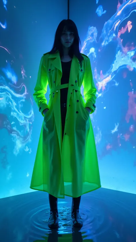 A tall woman in a high-visibility trenchcoat stands ankle-deep in glowing water staring at the camera as a holographic seawall glitches behind her. Blue and magenta neon distortions ripple off her silhouette. Mechanical sea creatures emerge from the depths...