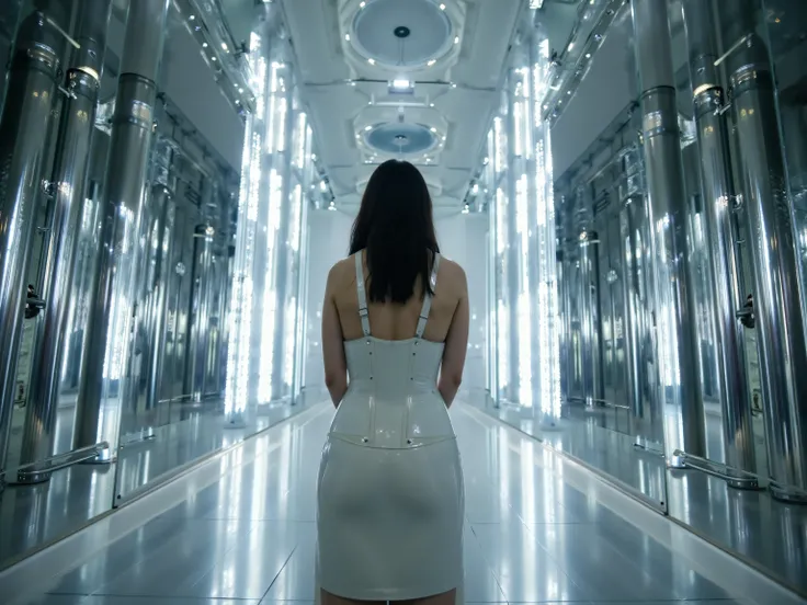 A chrome-and-glass cathedral interior made entirely of reflective surfaces. A solitary figure in a sleek white latex restraint corset stands at the altar looking at the camera lit only by refracted beams of white light bouncing off a thousand mirrors. The ...