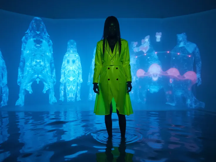 A tall woman in a high-visibility trenchcoat stands ankle-deep in glowing water staring at the camera as a holographic seawall glitches behind her. Blue and magenta neon distortions ripple off her silhouette. Mechanical sea creatures emerge from the depths...