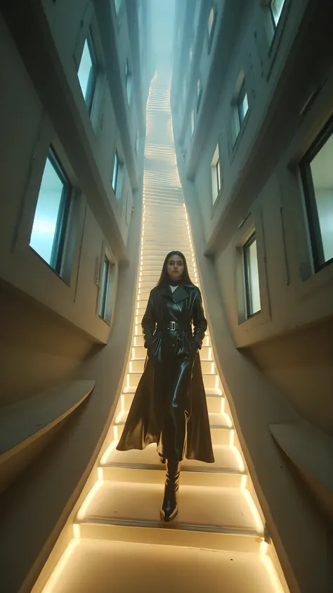 A glowing multiverse fire escape spirals upward in impossible directions. A model in a futuristic trenchcoat made of voltage-reactive fibers struts upward as gravity bends around her. Straps float weightlessly. Windows along the staircase show different ep...