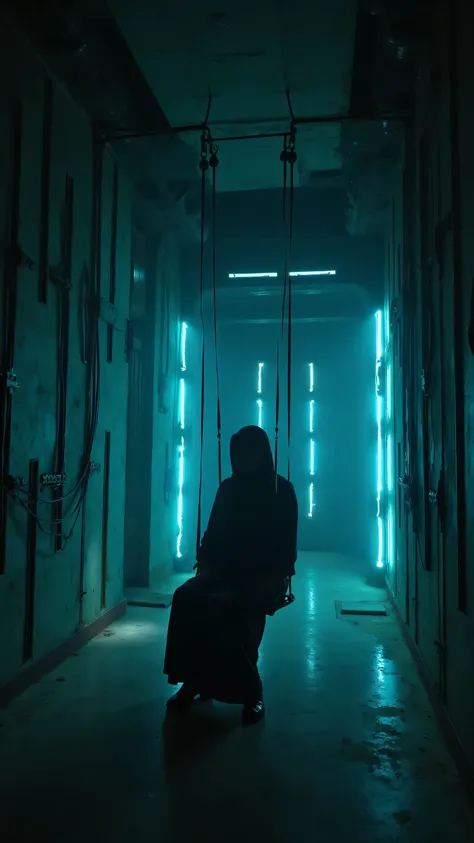 An abandoned deep-sea electrical substation converted into a living space. Cables hang like vines. A lone figure sits in a suspended chair made from medical harness straps. Bioluminescent currents pulse through the walls, illuminating the interior like a h...