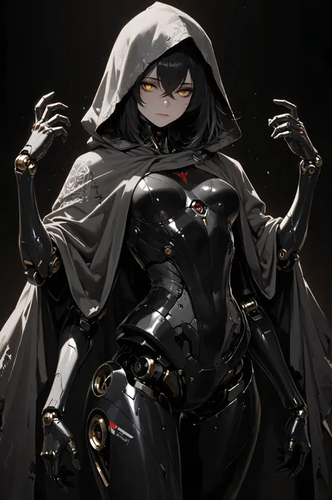 (masterpiece, detailed:1.2), Ultra Detailed, HDR-10, (Soft Colors), (beautiful eyes, detailed eyes:1.2),1girl, black hair, crossed bangs, medium hair, yellow eyes, red pupils, Mechanical arms, Mechanical legs, robot joints, Black print, Mechanical boots, M...