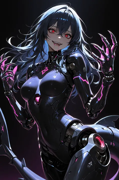 (masterpiece, detailed:1.2), Ultra Detailed, HDR-10, (Soft Colors), (beautiful eyes, detailed eyes:1.2),1girl, dark blue hair, crossed bangs, long hair, red eyes, purple pupils, Eyebrow line, Mechanical arms, Mechanical legs, robot joints, Black print, Mec...