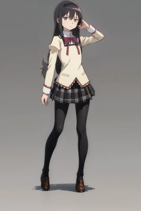 homuraakemi, 1girl, solo, long hair, school uniform, brown shoes, black tights, small face, flat-shaped face, square face, purple eyes, adjusting hair, tucking hair, kubrick stare, Dissatisfied expression, slender body, flat chest, , whole body, standing,...