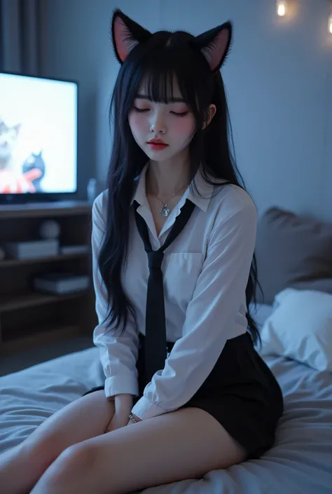 ((Nocturnal Little Devil with Cat Ears)),((room with TV))、完璧なmasterpiece、beautiful黒髪の若い女性、white skin、beautiful顔と完璧な非対称ボディ、Uniform - Black Mini Skirt with White Shirt - Cat Ears。masterpiece、High Quality、Overwhelming Perfection、New Born Texture、Moments of Fr...