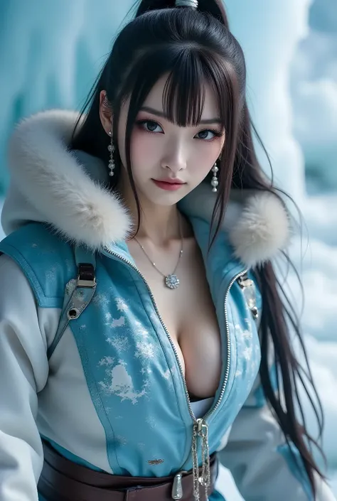 Realistic photo, upper-body, close-up.
Wandering the glacier. Icicles, ice walls, ice floors.
She's a beautiful Japanese woman with long black hair, striking a dynamic pose.
She's dressed like a eskimo.
Very detailed images, vibrant colors, chiaroscuro, ma...