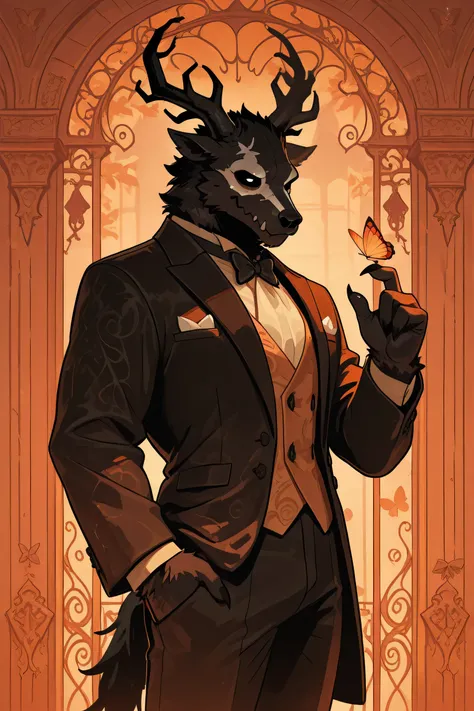excellent quality, Carved height, good resolution, warm colors, wendigo, man, he wears an elegant suit, has a butterfly on one of its fingers