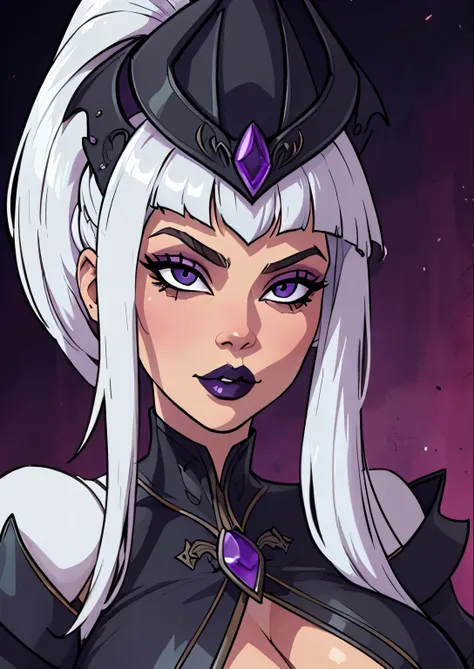 masterpiece, best quality, 1female, beautiful, face portrait, deep makeup, lipstick, 1girl, face focus, goth, perfect fringe, syndra, long hair, ponytail