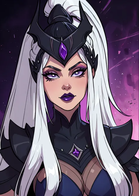 masterpiece, best quality, 1female, beautiful, face portrait, deep makeup, lipstick, 1girl, face focus, goth, perfect fringe, syndra, long hair, ponytail, thin diadem