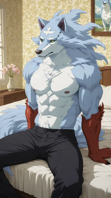 Great Show,best quality, amazing quality,1boy,Blooms Alone,Wolf,systolic,sitting, On the bed , muscle, chest muscle, chest hair, wearing black pants, Arms at your sides ,Bedroom Wallpaper,Wolf claw,black nail,not wearing a shirt, Open chest,Blue body feath...