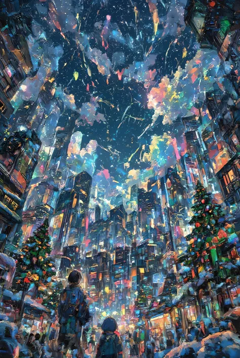 ,complex art, ultra detailed,mecha art,breakcore,anime ,Illustration style, Dutch angle view, AMAZING、 Christmas theme、Lots of beautiful snowflakes fall on a beautiful, vibrant city、Breaking through the clouds . Fir trees decorated with Christmas ornaments...