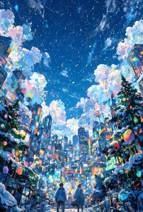 ,complex art, ultra detailed,mecha art,breakcore,anime ,Illustration style, Dutch angle view, AMAZING、 Christmas theme、Lots of beautiful snowflakes fall on a beautiful, vibrant city、Breaking through the clouds . Fir trees decorated with Christmas ornaments...