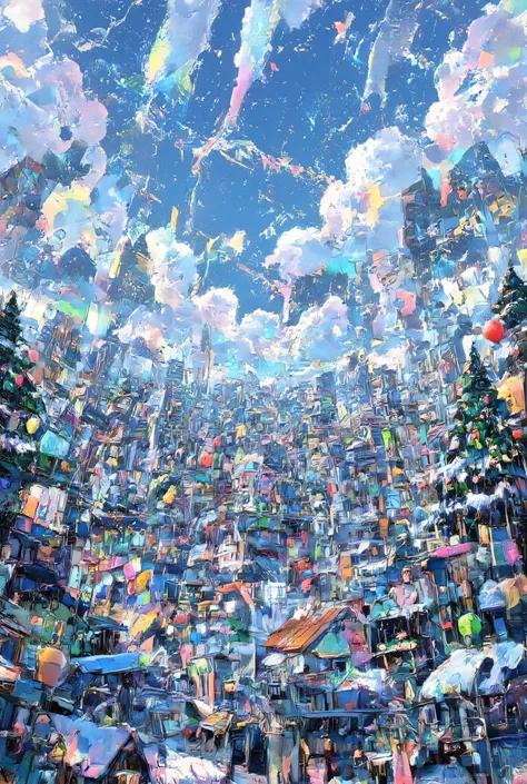 ,complex art, ultra detailed,mecha art,breakcore,anime ,Illustration style, Bird angle view,angle seen from above、 AMAZING、 Christmas theme、Lots of beautiful snowflakes fall on a beautiful, vibrant city、Breaking through the clouds . Fir trees decorated wit...