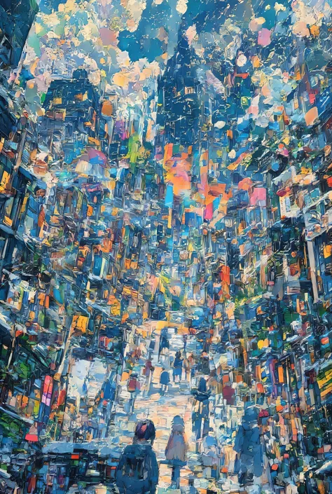 ,complex art, ultra detailed,mecha art,breakcore,anime ,Illustration style, Bird angle view,angle seen from above、 AMAZING、 Christmas theme、Lots of beautiful snowflakes pouring down on a beautiful vibrant city、Breaking through the clouds . Fir trees decora...