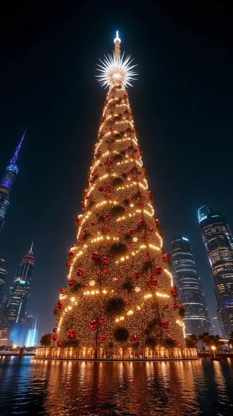 (Surreal masterpiece, photorealistic night photography:1.3), a colossal hyper-scale Christmas tree standing directly next to the Burj Khalifa in Dubai. The Christmas tree is significantly taller and bigger than the Burj Khalifa, towering over the skyscrape...