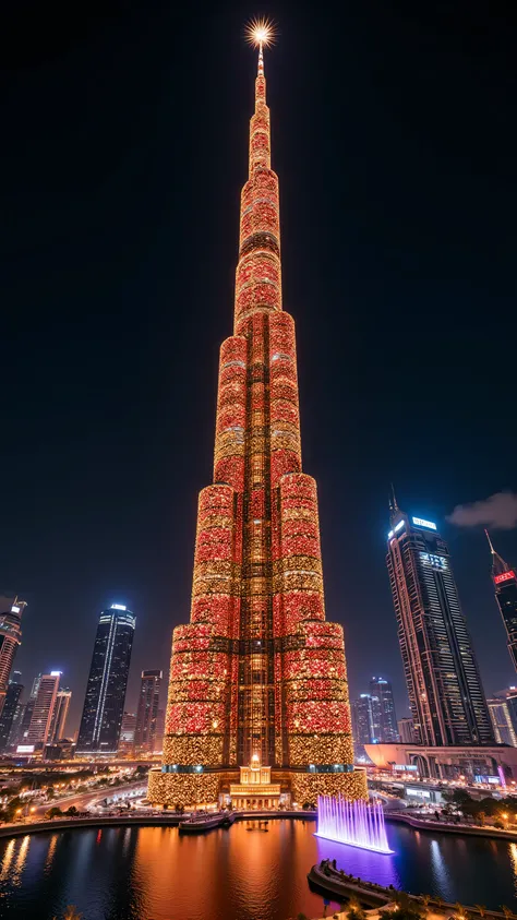 (Surreal masterpiece, photorealistic night photography:1.3), a colossal hyper-scale Christmas tree standing directly next to the Burj Khalifa in Dubai. The Christmas tree is significantly taller and bigger than the Burj Khalifa, towering over the skyscrape...