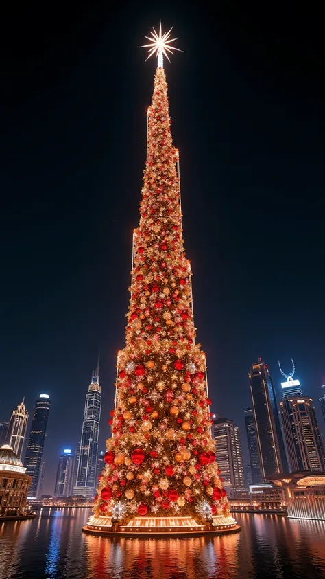 (Surreal masterpiece, photorealistic night photography:1.3), a colossal hyper-scale Christmas tree standing directly next to the Burj Khalifa in Dubai. The Christmas tree is significantly taller and bigger than the Burj Khalifa, towering over the skyscrape...