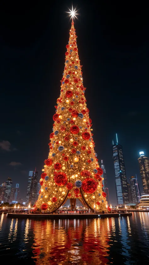 (Surreal masterpiece, photorealistic night photography:1.3), a colossal hyper-scale Christmas tree standing directly next to the Burj Khalifa in Dubai. The Christmas tree is significantly taller and bigger than the Burj Khalifa, towering over the skyscrape...
