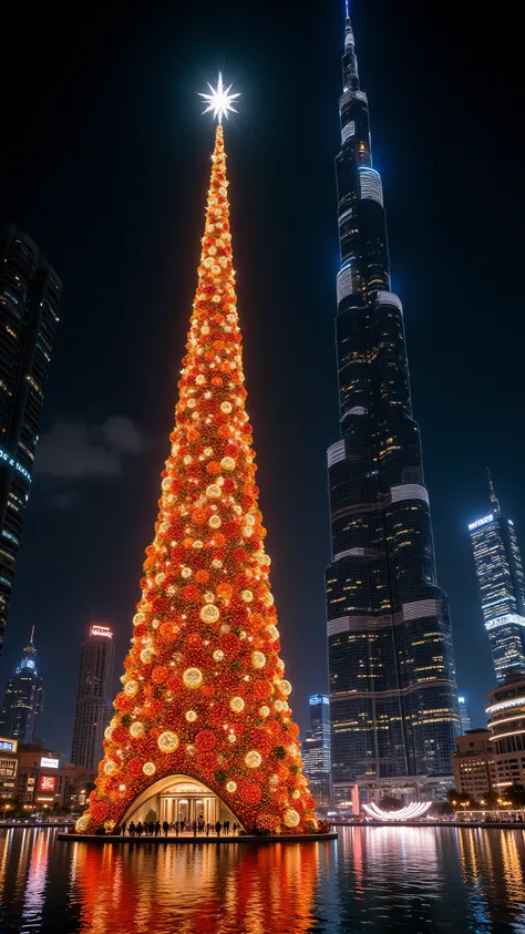 (Surreal masterpiece, photorealistic night photography:1.3), a colossal hyper-scale Christmas tree standing directly next to the Burj Khalifa in Dubai. The Christmas tree is significantly taller and bigger than the Burj Khalifa, towering over the skyscrape...