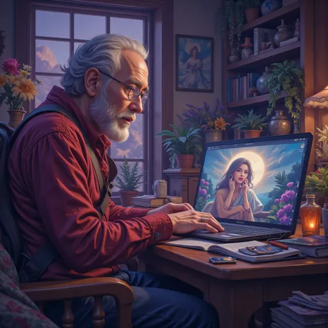 aidmamjv7,Colorful,realistic cartoon, a grandfather talking to his granddaughter on his laptop, an elder man wearing home cloths, talking to a young woman on his laptop, you see the woman on the computer screen, high details, best quality, 8k, [ultra detai...