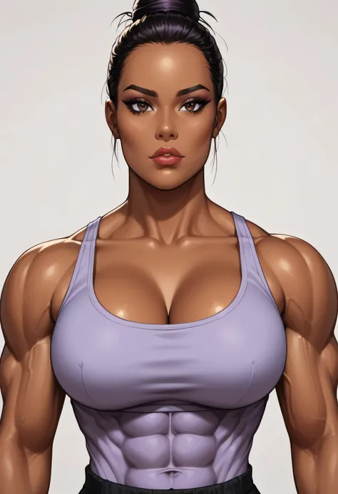 Perfect Face, (Female African, Color Skin, Brown Skin), Black Hair, (Hair Bun, Hair Up, Slicked Back Hair), ((Forehead)), Black Thin Eyebrows, Brown Eyes, Lips Without Makeup, Collarbone, Cleavage, (Medium Breasts, Big Breasts), (Light Purple Tank Top), (S...