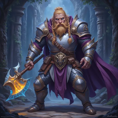 aidmamjv7,realistic cartoon,a picture of dwarf paladin of the crown protecting the palace, 1male dwarf, holy knight, protector of the crown, full body  blond hair, long hair, blond beard, full body , ultra detailed face , muscular,  braided hair, blue eyes...