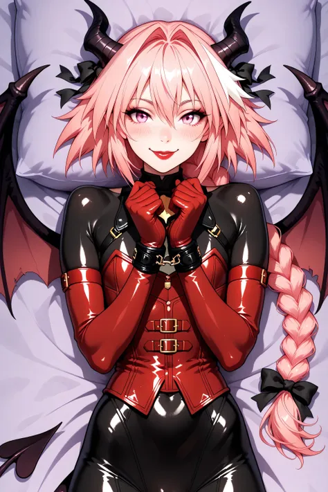 astolfo, long hair, pink eyes, hair ribbon, pink hair, braid, ahoge, white hair, male focus, multicolored hair, streaked hair, single braid, otoko no ko, long braid, red corset, chains on hands , whip in hands, red latex long gloves, black latex bodysuit, ...