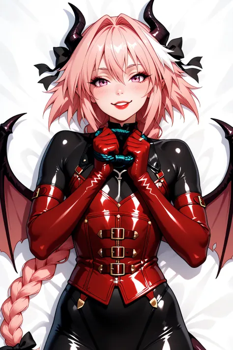 astolfo, long hair, pink eyes, hair ribbon, pink hair, braid, ahoge, white hair, male focus, multicolored hair, streaked hair, single braid, otoko no ko, long braid, red corset, chains on hands , whip in hands, red latex long gloves, black latex bodysuit, ...