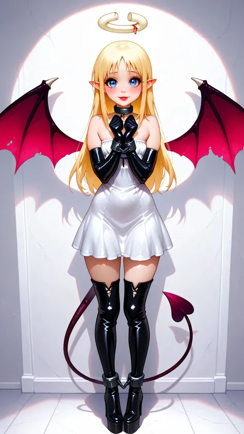 blue eyes, blonde hair, long hair, angel, halo, wings, white latex dress, strapless, bare shoulders, crimvael \(interspecies reviewers\),  otoko no ko,  chains on hands and feet, hands tied up infront of body, feet chained together, BDSM, black latex long ...