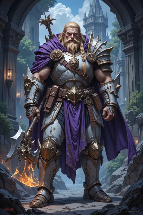 aidmamjv7,realistic cartoon,a picture of dwarf paladin of the crown protecting the palace, 1male dwarf, holy knight, protector of the crown, full body blond hair, long hair, blond beard, full body , ultra detailed face , muscular, braided hair, blue eyes...
