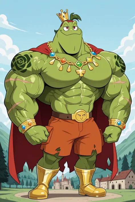 A green giant cartoon 2d frog king, gigantic chin, biggest muscular body, ginomous biceps enormous pectorals, detailed abs, golden armor with colorful jewels, golden bracelets with colorful jewels, golden necklaces with colorful jewels, golden chest with c...