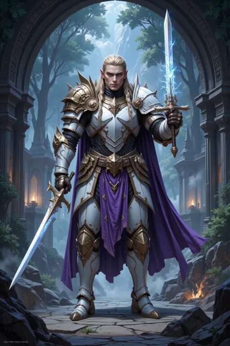aidmamjv7,realistic cartoon,a picture of male elf paladin of the crown protecting the palace, 1male elf, holy knight, protector of the crown, full body blond hair, long hair, full body , ultra detailed face , braided hair, blue eyes, intense eyes, weary...