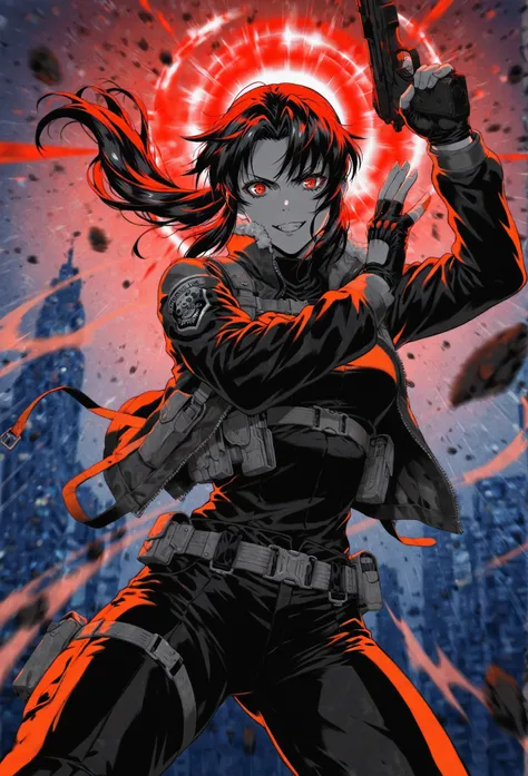  epic cowboy shot on hyperstyled black lagoon  Revy at the winter  moutauins with tactical fitting gear, Limited Palette,colorful ,Glowing Contours,,,,,,, A strong female warrior rebel lone survivor on the long road by moody afternoon (dynamic motion,motio...