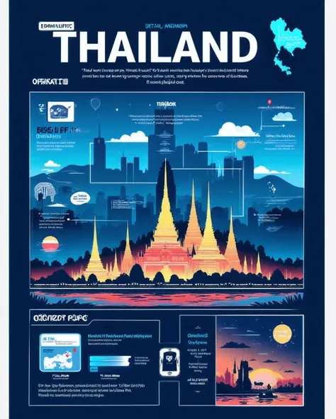 Create a stunning vertical infographic poster about Thailand (1080x1920 pixels), modern minimalist style, clean futuristic design, blue sky gradient background from dark navy #001F3F at top fading smoothly to light sky blue #87CEEB at bottom, all text in c...