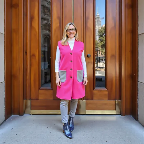 a 39 year old tall woman wearing a MongolianWoolVest25 made of bright pink wool with polished silver wool pockets, standing in front of the PetronasTowers main doorways on the sidewalk, Wearing Samef2025khb that are blue crocodile print vinyl, wearing a br...
