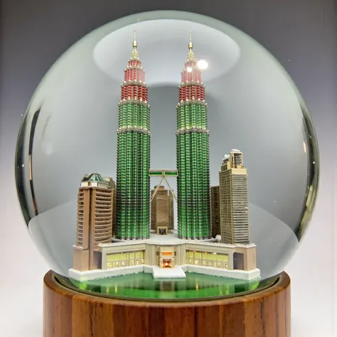 Petronas Towers made entirely from green and red stained glass, in a snow globe