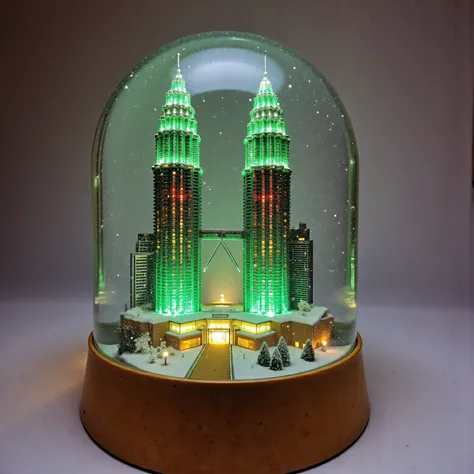 Petronas Towers made entirely from green and red stained glass, in a snow globe