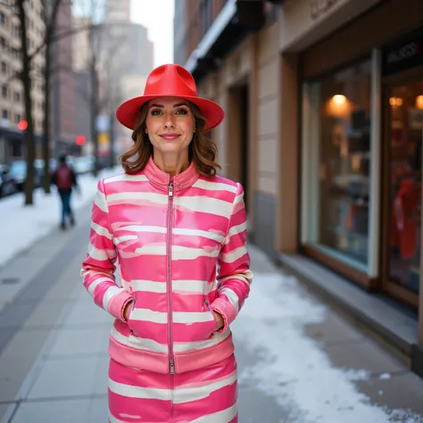 a wide angle portrait of a 39 year old woman wearing pink and white striped samef2025khb made of polished vinyl, wearing a pink and white striped dress made of heavy shiny leather, wearing a red hat, standing in a snow covered city, on a sidewalk near a te...