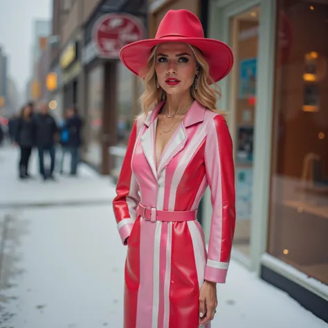 a wide angle portrait of a 39 year old woman wearing pink and white striped samef2025khb made of polished vinyl, wearing a pink and white striped dress made of heavy shiny leather, wearing a red hat, standing in a snow covered city, on a sidewalk near a te...