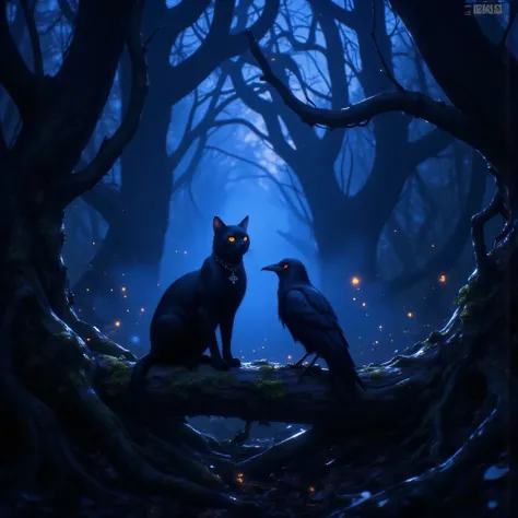 “Hyper-detailed gothic dusk forest, trees twisted like ancient sculptures, branches forming natural arches. A sleek black cat with flawless silhouette and vivid yellow eyes glows subtly against the blue-violet twilight. Beside it stands a raven with one bl...