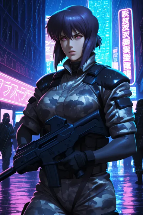 masterpiece, ultra-detailed, RAW photo, Motoko Kusanagi, Ghost in the Shell, cyborg woman, tactical stance, thermoptic camouflage suit, combat ready, piercing eyes, nighttime operation, dense urban sprawl, towering skyscrapers, neon-lit signs in Japanese a...