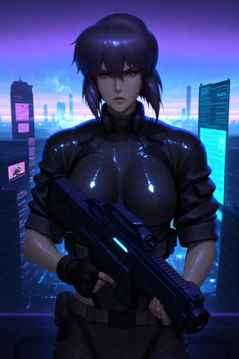 best quality, ultra highres, finely detail, Major Kusanagi, Ghost in the Shell, cybernetic enhancements visible on body, sleek tactical gear, focused expression, aiming weapon, hacking interface projected around her, midnight urban canyon, massive corporat...