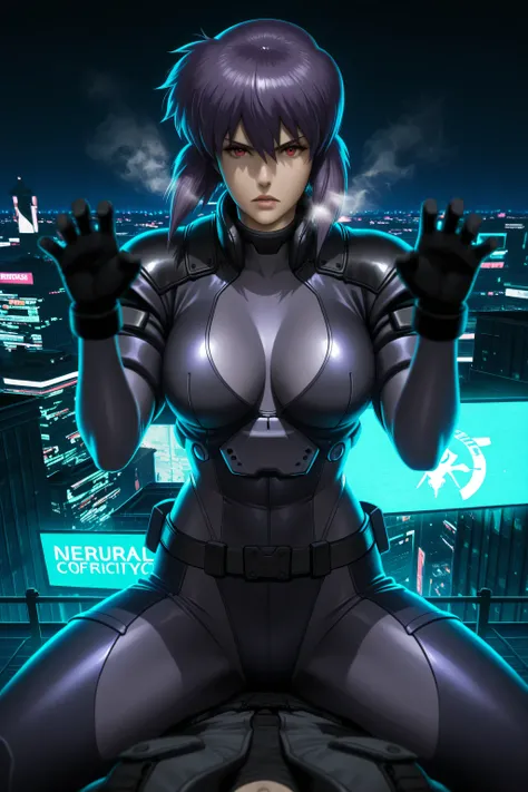 photography, highres, 8k wallpaper, Motoko Kusanagi, Ghost in the Shell, augmented human, tactical infiltration pose, neural connectors visible on neck, form-fitting combat suit, intense gaze, rooftop surveillance position, sprawling futuristic megacity, n...