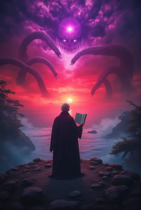 Wilbur Whateley stands atop Sentinel Hill before an ancient stone altar, his misshapen body silhouetted against a blood-red sunset over the Atlantic. His robes billow in an unnatural wind as he reads from the Necronomicon, while massive tentacles breach re...