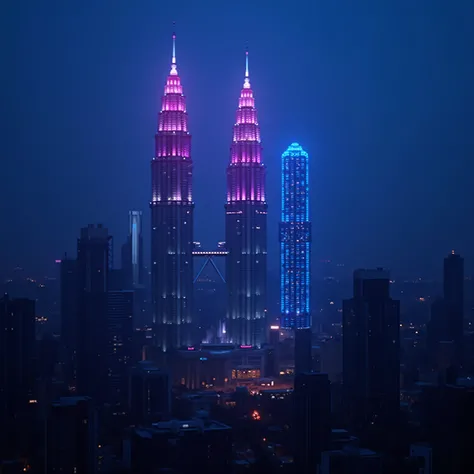 the petronas towers have a third tower that is bright pink and blue added next to them in the city skyline, the city skyline has changed from construction, it is dusk, it is the year 2080, a tall cyberpunk hotel has risen