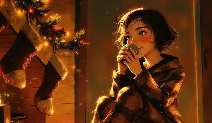 A cozy fireplace scene, crackling fire, warm lighting, empty stockings are decorating the fireplace and a woman, is sitting by the fireplace drinking hot chocolate in pijamas, in the background a majestic christmas tree. 