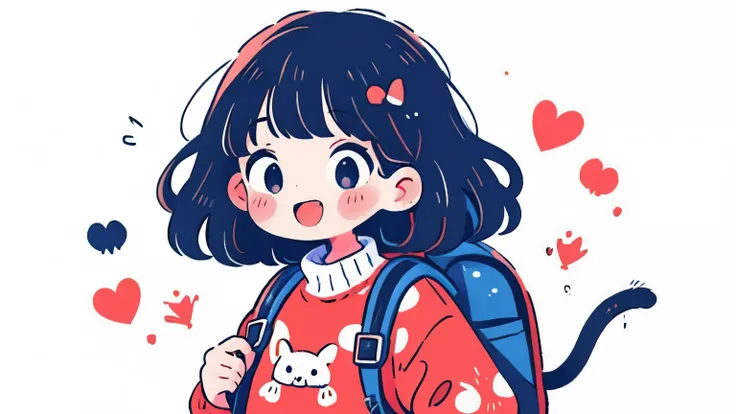 girl、ランドセルを持った、long hair、wears a sweater、Smile Yan、upper body、polka dot pop background with backpack、solo、masterpiece. high quality, Hi Steady Tail、Warm Atmosphere、