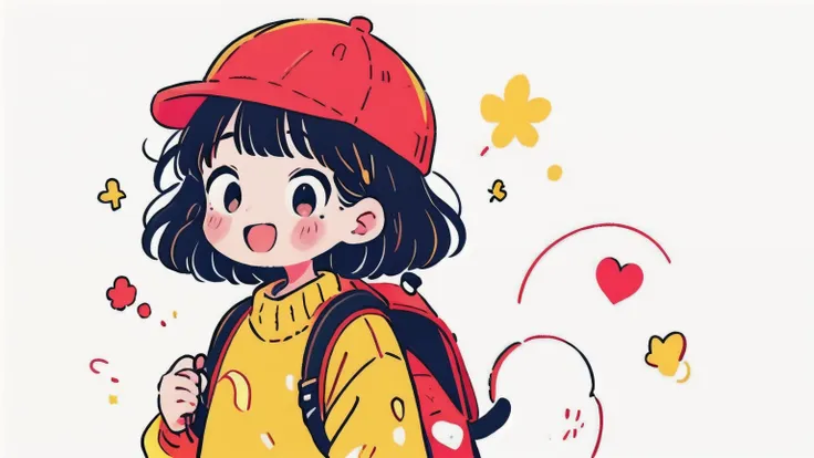 boys、ランドセルを持った、wearing a yellow cap、wears a sweater、Smile Yan、upper body、polka dot pop background holding a backpack、solo、masterpiece. high quality, Hi Steady Tail、Warm Atmosphere、